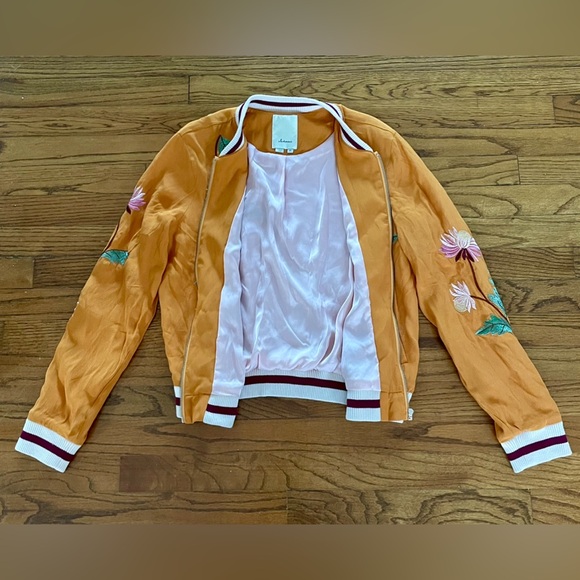 Anthropologie Elevenses Golden Yellow Floral Embroidered Zip Bomber Jacket XS - Picture 9 of 9